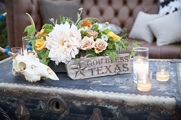 texan going away party, florals, votives, leather, distressed wood, orange, peach, chest, god bless texas