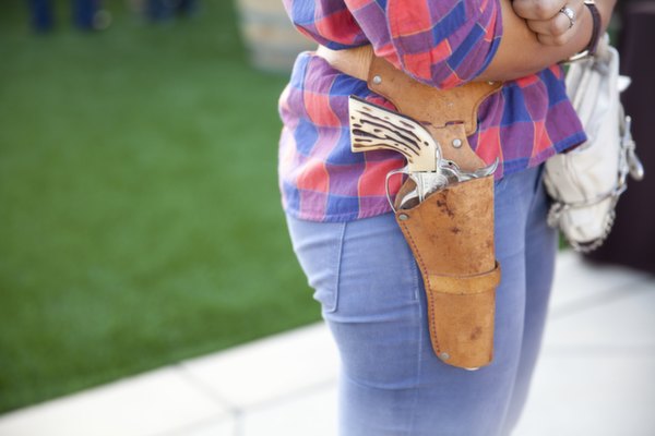 texan going away party, holster, gun, plaid, red, blue, denim, southern style