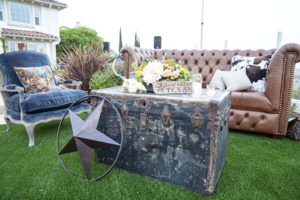 texan going away party, distressed wood, chest, texas, star, leather, furniture, brown, god bless texas, florals, skull, old fashioned, southern style, outdoor