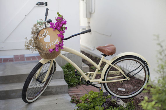 Blue and Gold Bridal Shower, bike, beach cruiser, basket, flowers, sign, getaway