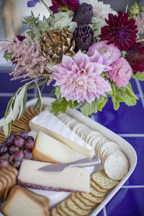 Blue and Gold Bridal Shower, flowers, bouquet, cheese and crackers, pink, gold
