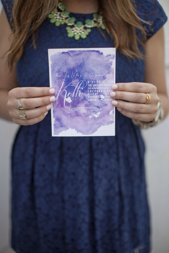 Blue and Gold Bridal Shower, stationery, watercolor, invitations, rings, green necklace, navy dress