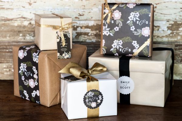 Minted's New Wedding Reception Decor Packages, botanical wreath theme, gift wrapping, florals, chalkboard, stickers, gold, craft paper