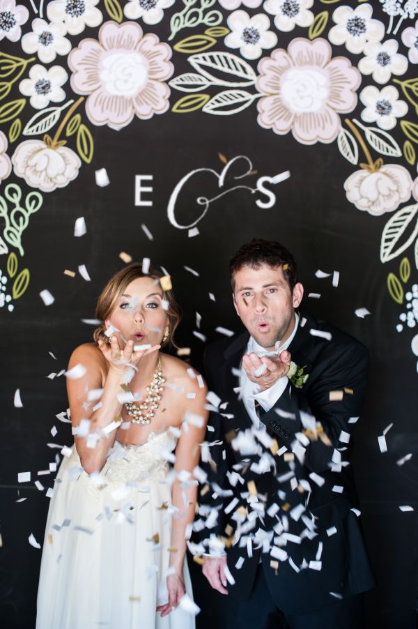 Minted's New Wedding Reception Decor Packages, botanical wreath theme, photo booth backdrop, floral, chalkboard, initials, monogram, bride, groom, confetti