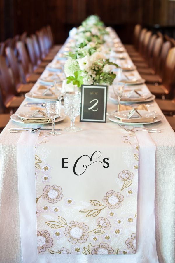 Minted's New Wedding Reception Decor Packages, botanical wreath theme, tablescape, table number, chalkboard, personalized table runner
