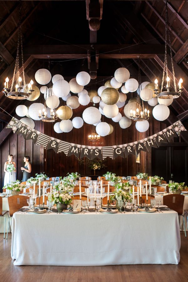 Minted's New Wedding Reception Decor Packages, botanical wreath theme, gold, white, lanterns, florals, rustic, chandeliers, long tables, candles, banner