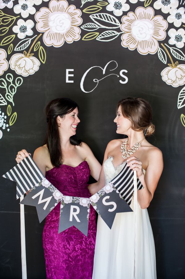 Minted's New Wedding Reception Decor Packages, botanical wreath theme, floral, chalkboard, photo booth, props, monogram, initials, bride, bridesmaid, pennant banner