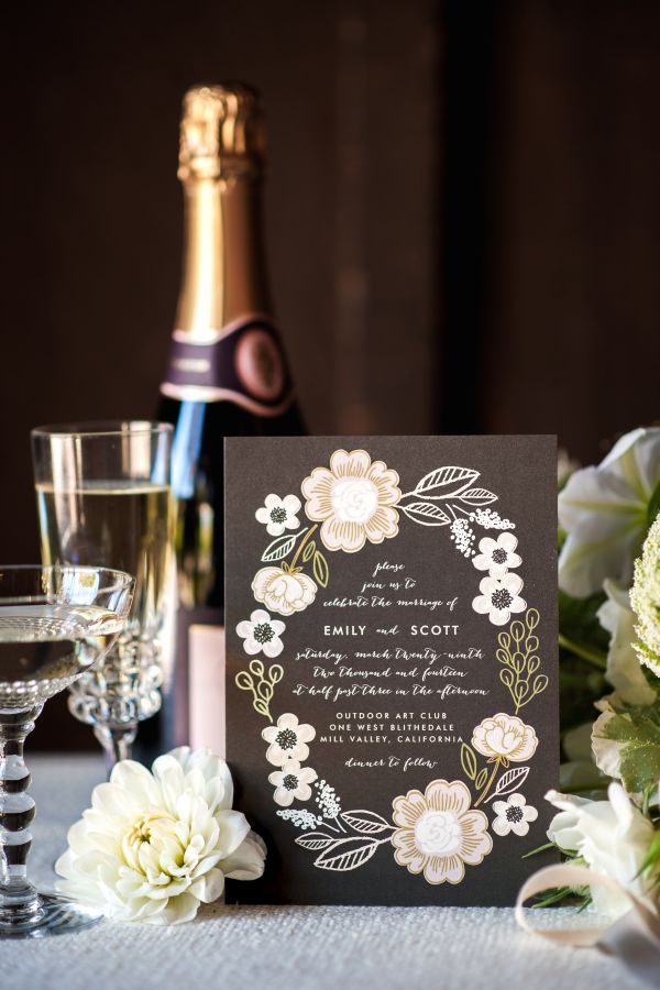 Minted's New Wedding Reception Decor Packages, botanical wreath theme, invitation, chalkboard, floras, calligraphy, drinks, champagne