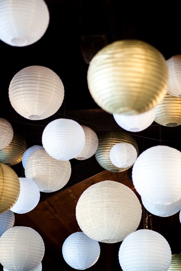 Minted's New Wedding Reception Decor Packages, botanical wreath theme, white, gold, lanterns