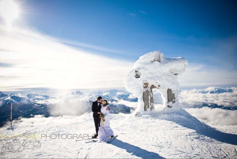 snowy mountain elopement, birdcage veil, Peak 2 Peak Gondola, British Columbia, Canada