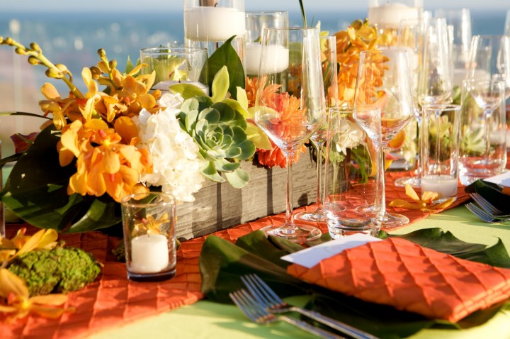 orange green lime succulent reception centerpieces, orange and green wedding inspiration, private estate wedding, pacific palisades california, Ira Lippke photography, Carolyn Chen, The Special Day