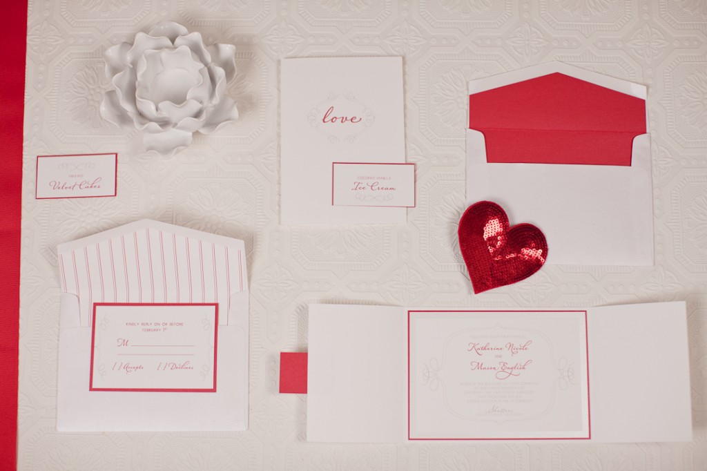 white and red wedding day stationery